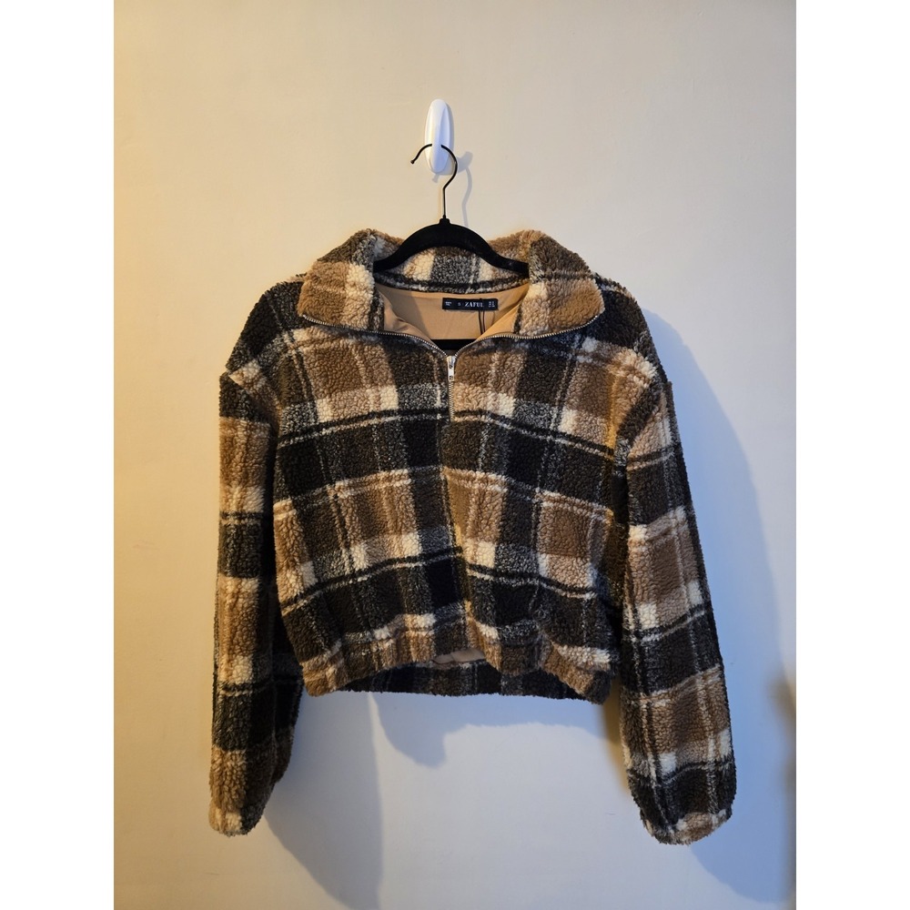 Zaful womens small sherpa Cropped sweater pullover 1/2 zip Brown Plaid